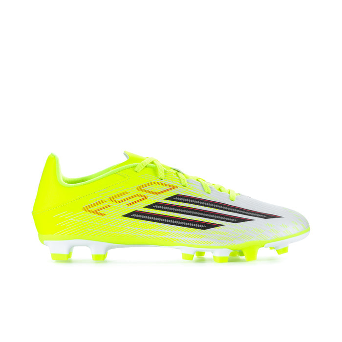 Men's soccer cleat in neon yellow with black graphic stripes and red accents