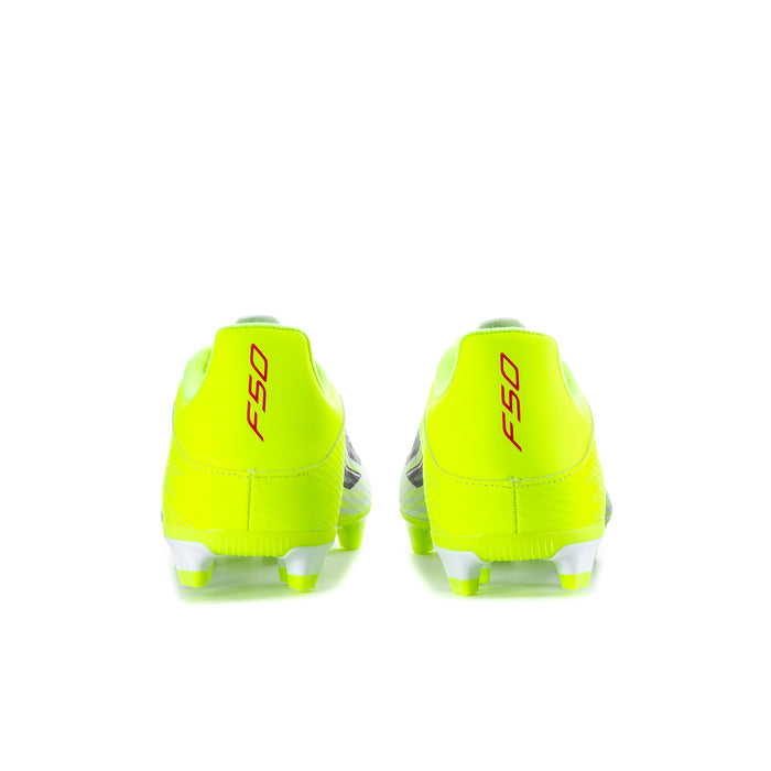 Men's soccer cleat heels in neon yellow with molded studs and side F50 markings