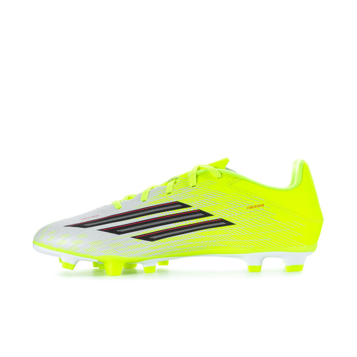 Men's soccer cleat in neon yellow with black stripe graphic and bright lime laces