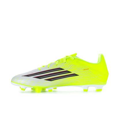 Men's soccer cleat in neon yellow with black stripe graphic and bright lime laces
