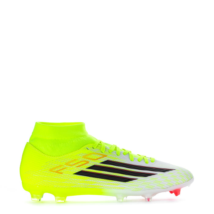 Neon green mens mid-cut soccer cleats with black logo stripes and red accents