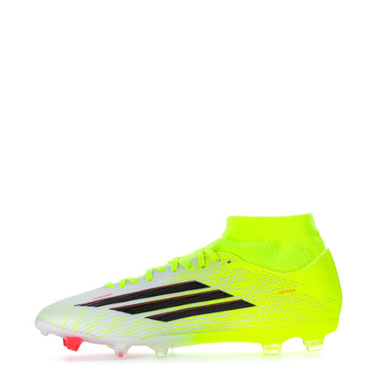 Neon green and white mens mid soccer cleats, black stripe detailing and red studs