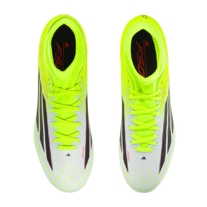 Pair of neon green and gray lace-up soccer cleats with black heel logo