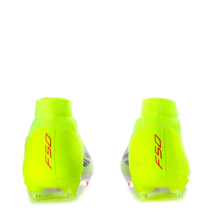 Neon green mens soccer cleats, rear view with black heel branding and molded studs