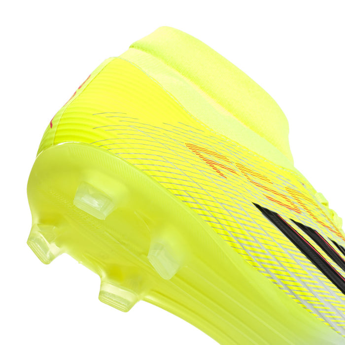 Neon green soccer cleat, front side view with black stripe and translucent studs