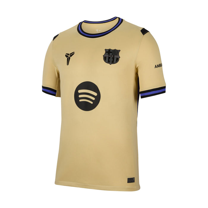 Men's soccer jersey in pale yellow with dark blue trim, FCB crest, circular chest logo.