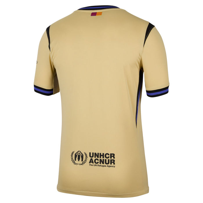 Men's soccer jersey back in pale yellow with dark blue trim, UNHCR logo at lower back.