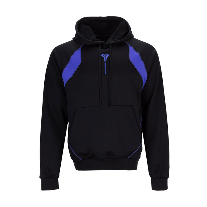 Men's black hoodie with purple raglan panels, drawstring hood, kangaroo pocket.