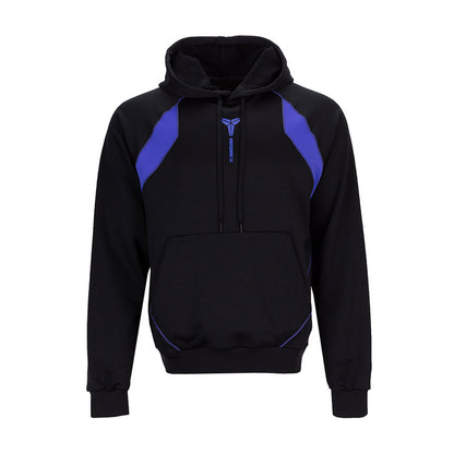 Men's black hoodie with purple raglan panels, drawstring hood, kangaroo pocket.