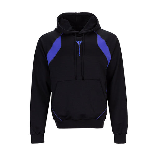 Men's black hoodie with purple raglan panels, drawstring hood, kangaroo pocket.