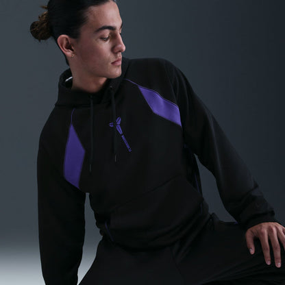 Men's black hoodie with purple shoulder panel and drawstring hood, side view.