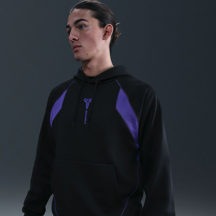 Men's black hoodie with purple hood lining and chest logo graphic.