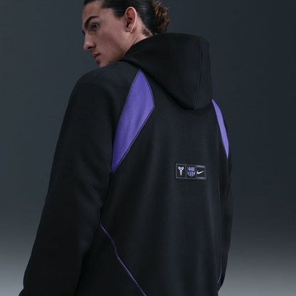 Men's black hoodie with purple back yoke and embroidered logos on upper back.