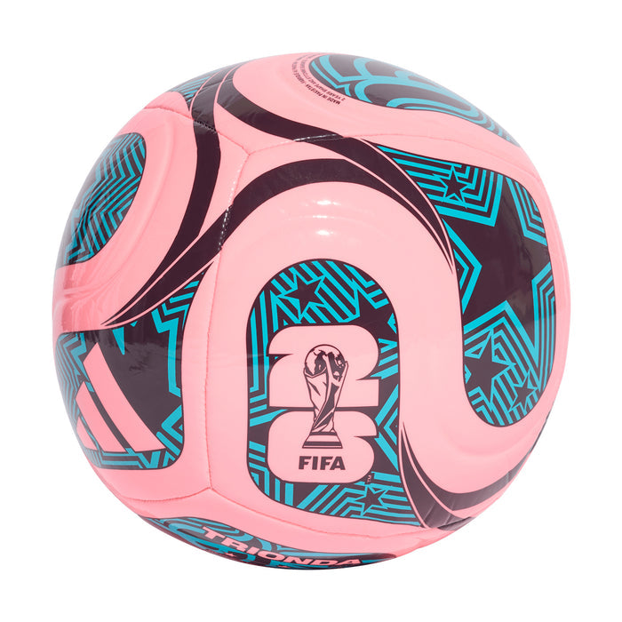 Pink FIFA Trionda club ball with blue geometric graphics and black swoosh panels