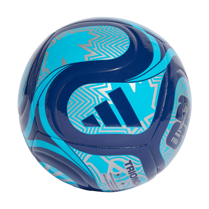 Trionda club ball in navy and cyan, side view with bold graphic pattern.