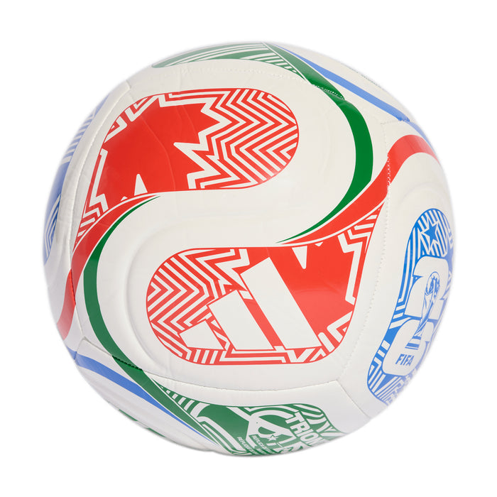 White football with bold red geometric pattern, green and blue accents; FIFA logo panel.