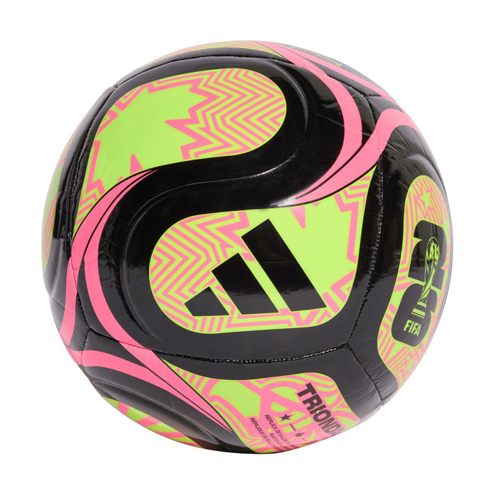 Black football with neon pink and lime swirls, large geometric stripes and FIFA logo