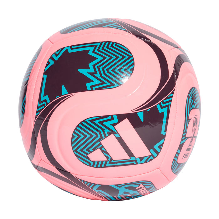 Pink soccer ball with blue geometric pattern, black curved stripes, and Trionda branding