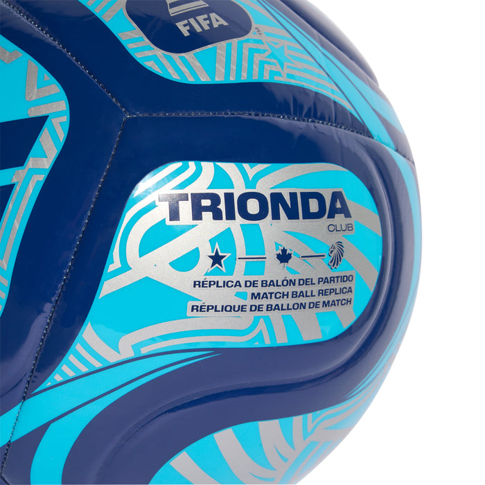 Trionda club ball close-up, blue and navy panel with TRIONDA logo detail.