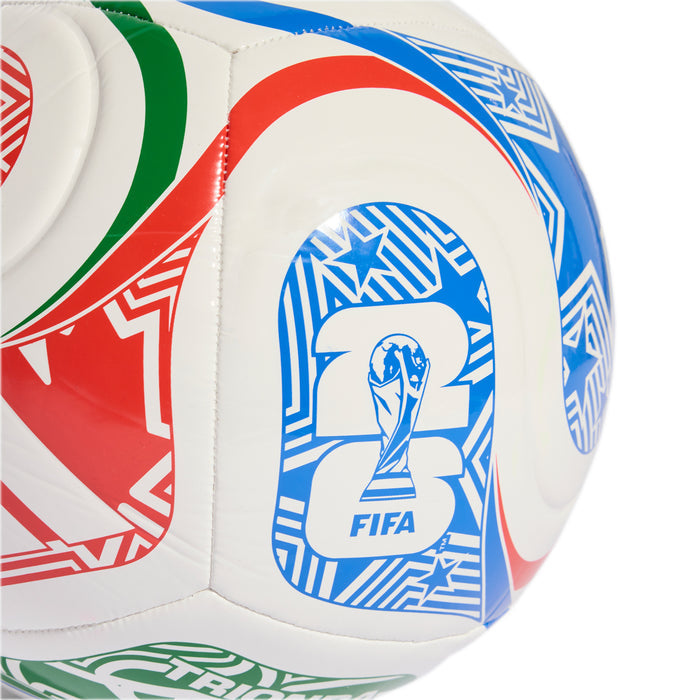 White football close-up with blue FIFA 26 emblem, red and green graphics on panels.