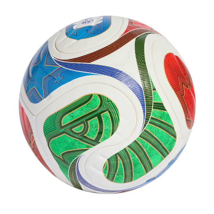 Competition soccer ball, underside view with blue and green swirl panels and red accents