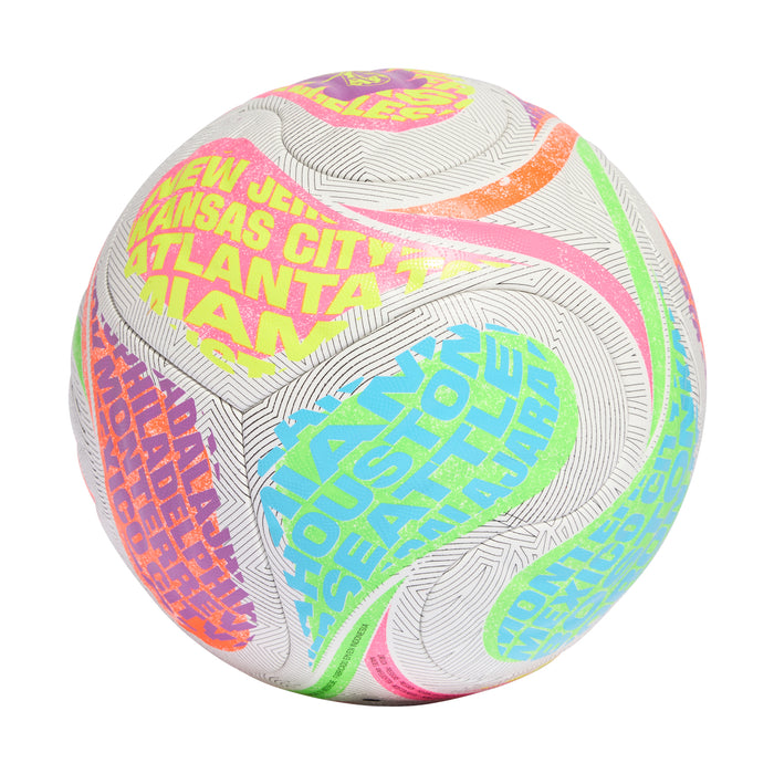 Multi-color FIFA competition ball with host-city style text and blue geometric emblem