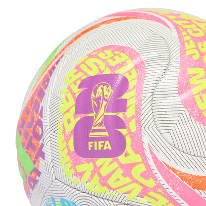 Multi-color FIFA competition ball close-up with purple FIFA trophy emblem
