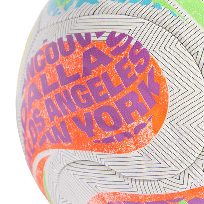 Multi-color FIFA competition ball close-up with orange and purple typographic graphics