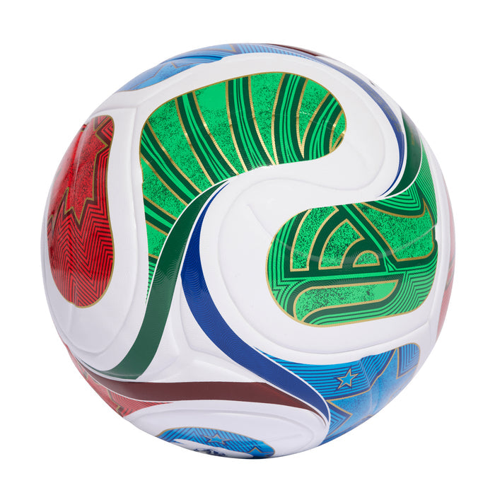 Trionda League match ball with white surface and green, blue, red pattern panels