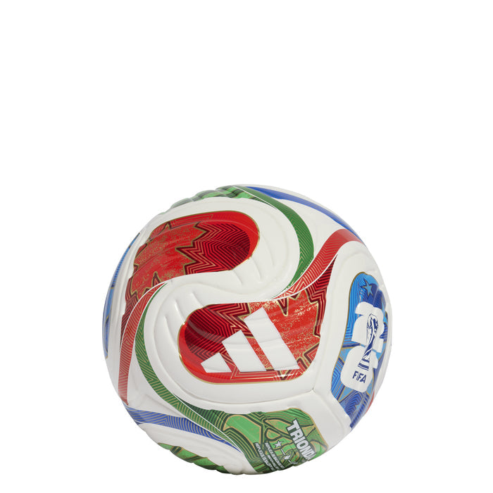 Mini soccer ball with red, blue, and green panel designs and a white textured surface