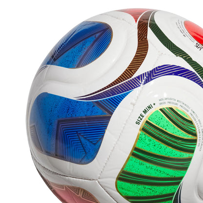 Mini+ football close-up, white base with blue texture panel and green stripe section