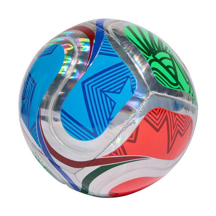 Silver FIFA training foil ball with blue, green, and red graphic panels