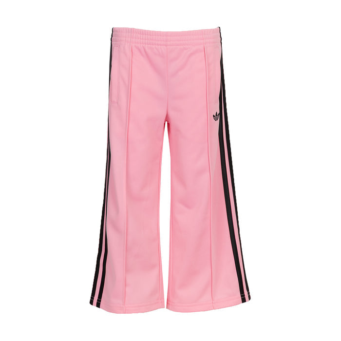 Youth light pink track pants with black side stripes and elastic waistband