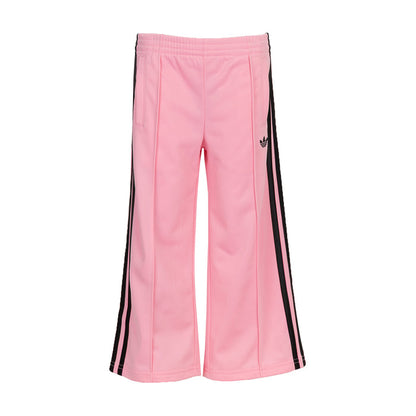 Youth light pink track pants with black side stripes and elastic waistband