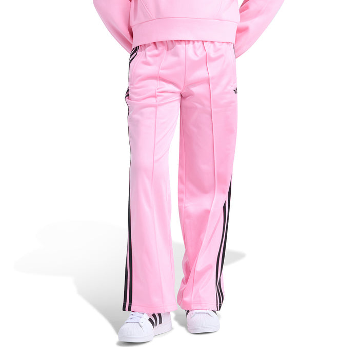 Youth light pink track pants, back view, black side stripes and elastic cuffs