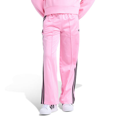 Youth light pink track pants, back view, black side stripes and elastic cuffs