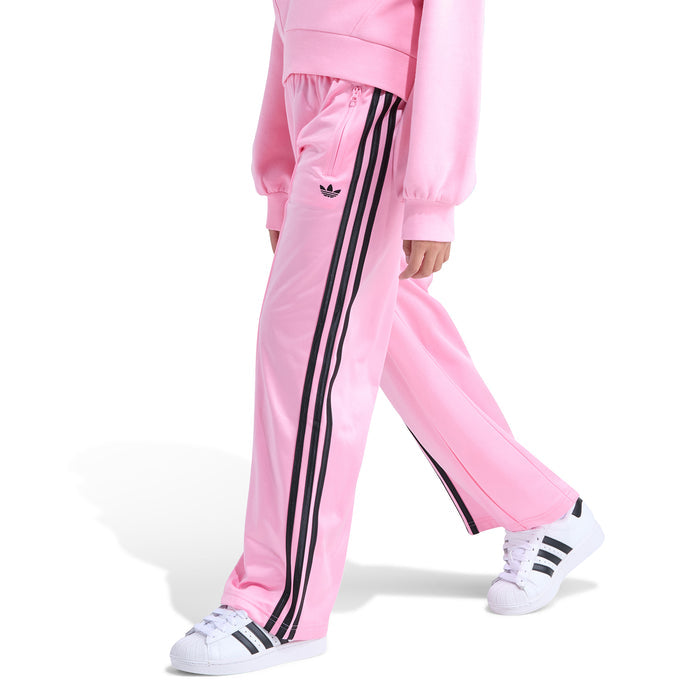 Youth light pink track pants with vertical black stripe trim and elastic ankle cuffs