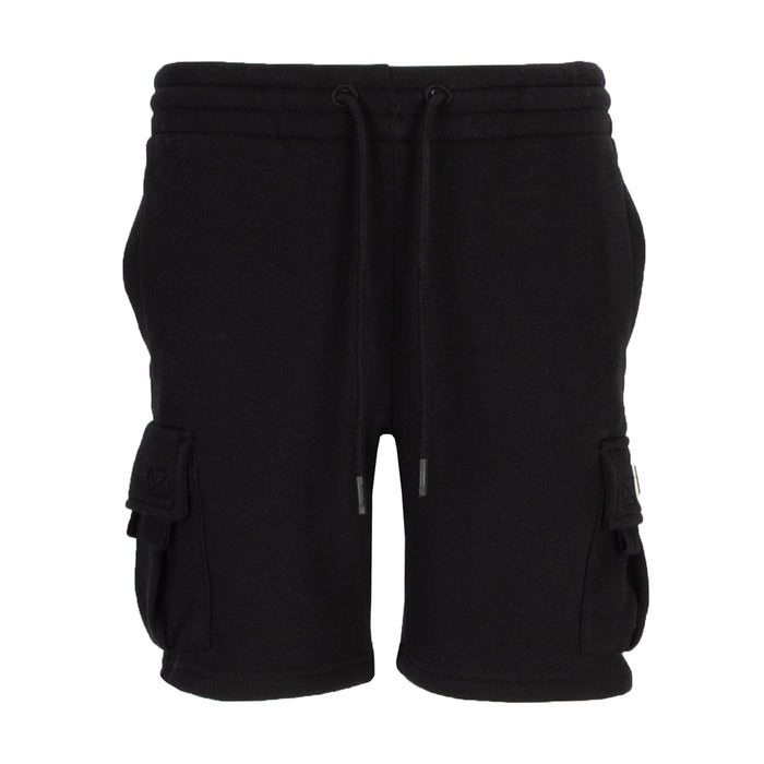 Black fleece cargo shorts, drawstring waistband, side cargo pockets