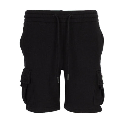Black fleece cargo shorts, drawstring waistband, side cargo pockets
