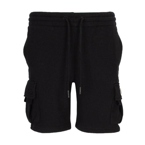 Black fleece cargo shorts, drawstring waistband, side cargo pockets