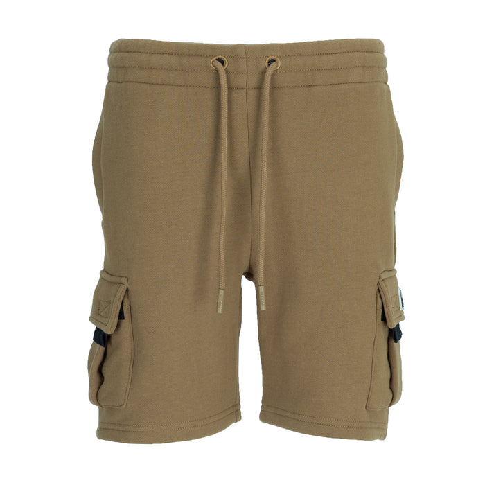 Youth taupe fleece cargo shorts with drawstring and front cargo pockets