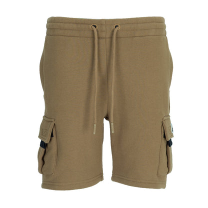 Youth taupe fleece cargo shorts with drawstring and front cargo pockets