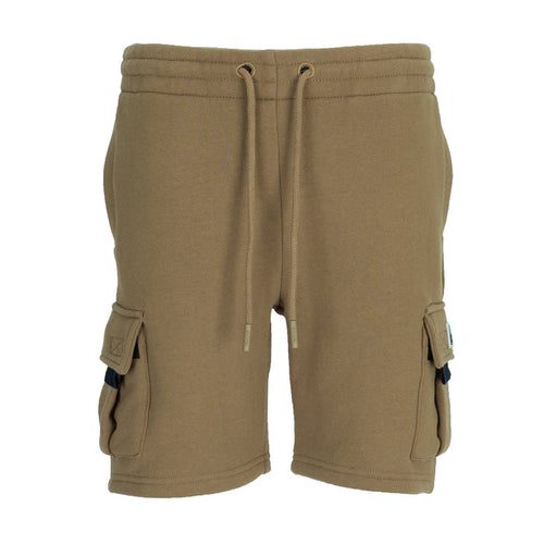 Youth taupe fleece cargo shorts with drawstring and front cargo pockets