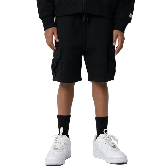 Black fleece cargo shorts with flap cargo pockets on both legs
