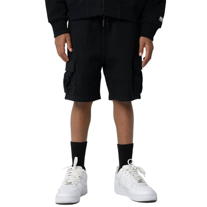 Black fleece cargo shorts with flap cargo pockets on both legs