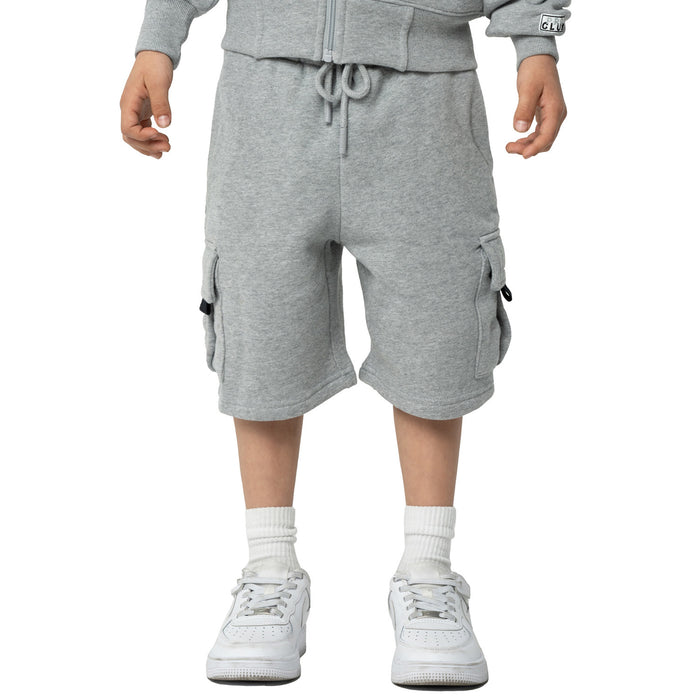 Youth heather grey fleece cargo shorts, front view with drawstring and cargo pocket flaps