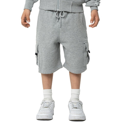 Youth heather grey fleece cargo shorts, front view with drawstring and cargo pocket flaps