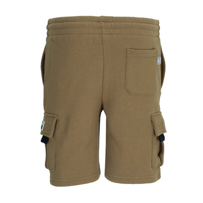 Youth taupe fleece cargo shorts, side cargo pockets and back patch pocket