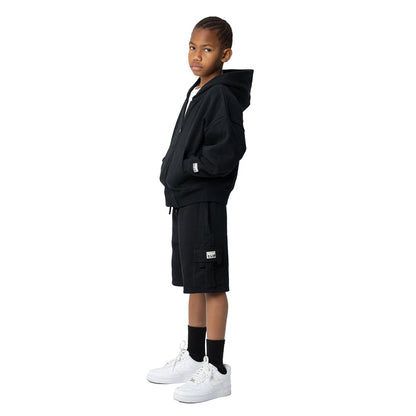 Youth black fleece cargo shorts with side cargo pocket and drawstring waist