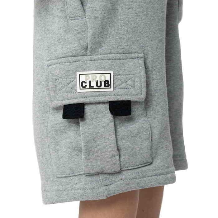 Youth heather grey fleece cargo shorts with PRO CLUB logo patch on cargo pocket